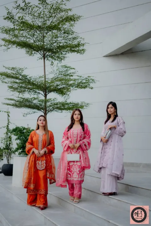 Orange, coral pink and lavender embroidered three-piece sets